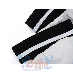 Sakuraba Ema cosplay costume cuff detail with black bands and white stripe trim on ruffled sleeves