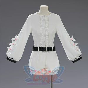 Sakuraba Ema cosplay costume white inner blouse with ruffled trim, pink bow accents, and black cuff details