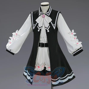 Sakuraba Ema cosplay costume left side view featuring white ruffled sleeves and black vest with striped skirt