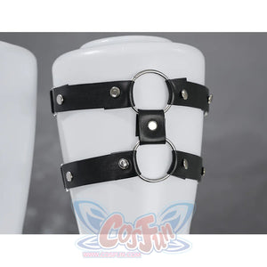 Sakuraba Ema cosplay costume black leather leg garter detail with silver metal rings and adjustable straps