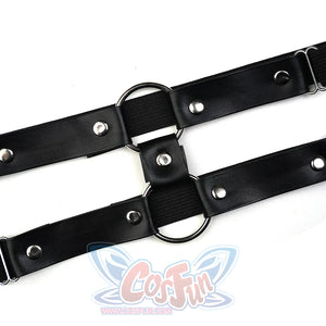 Sakuraba Ema cosplay costume leg garter close-up showing black leather straps with silver metal hardware detail