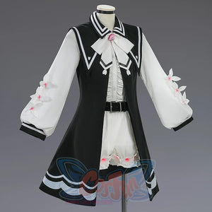 Sakuraba Ema cosplay costume right side view with white blouse, black vest, and decorative pink bow at collar