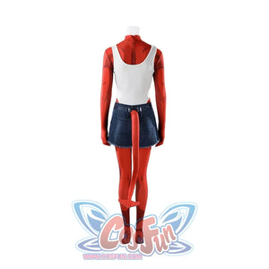 Malevola cosplay back view flat showing white panel, red sleeves, denim shorts and devil tail