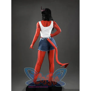 Malevola cosplay back view showing white panel, red sleeves, denim shorts, red boots and devil tail