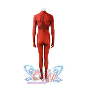 Malevola cosplay red bodysuit back view with white turtleneck showing zipper and construction