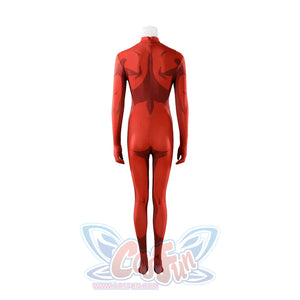Malevola cosplay red bodysuit back view with white turtleneck showing zipper and construction