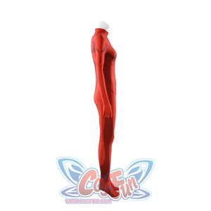Malevola cosplay red bodysuit side profile showing construction details and white turtleneck