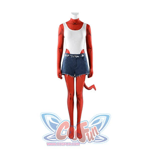 Malevola cosplay costume flat lay with white top, red sleeves, denim shorts, red boots and tail