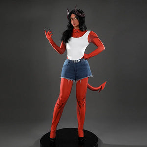 Malevola cosplay costume full body view, red suit, white chest, denim shorts, red boots and devil tail