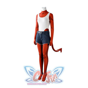 Malevola cosplay costume side angle flat view with white tank, red sleeves and denim shorts