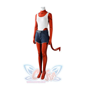 Malevola cosplay costume side angle flat view with white tank, red sleeves and denim shorts