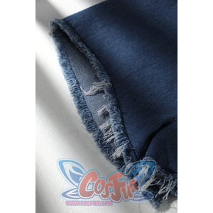 Malevola cosplay denim shorts extreme closeup showing frayed hem texture and detail