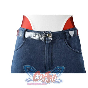 Malevola cosplay denim shorts with clear belt buckle, white tank and devil tail visible