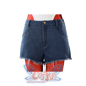 Malevola cosplay denim shorts front view with frayed hem showing red boots underneath