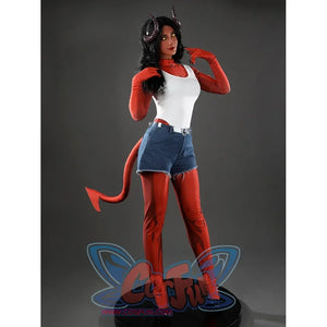 Malevola cosplay front pose highlighting horns, red sleeves, white chest panel and denim shorts