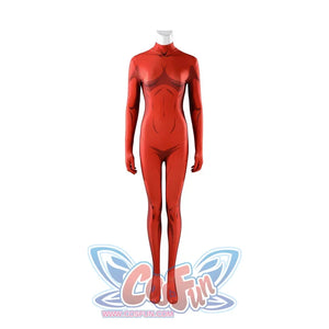 Malevola cosplay red bodysuit with white turtleneck showing detailed seams and construction