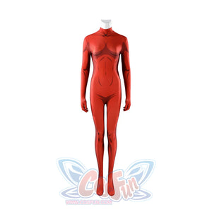 Malevola cosplay red bodysuit with white turtleneck showing detailed seams and construction