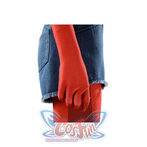 Malevola cosplay red thigh-high boots detail with denim shorts and frayed hem visible