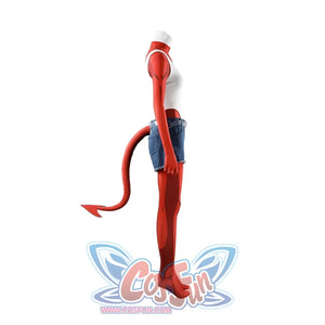 Malevola cosplay right side profile with red sleeves, denim shorts, red boots and devil tail