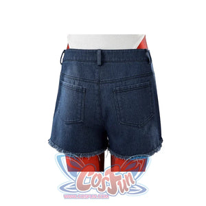 Malevola cosplay denim shorts back view with pockets, frayed hem and red boots visible