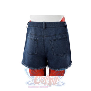 Malevola cosplay denim shorts back view with pockets, frayed hem and red boots visible