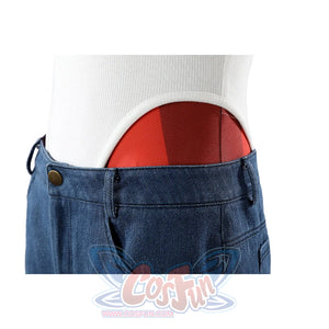 Malevola cosplay denim shorts side detail showing devil tail and red bodysuit at waistband