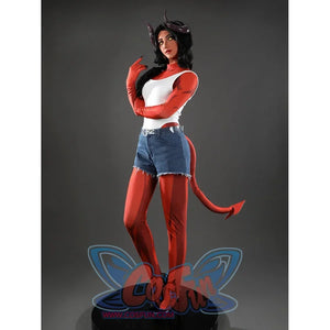 Malevola cosplay three quarter front view with arms crossed, red suit, white chest and denim shorts