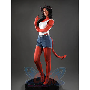 Malevola cosplay three quarter front view with arms crossed, red suit, white chest and denim shorts