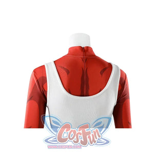 Malevola cosplay upper body back showing white tank over red suit with zipper closure