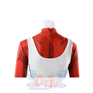 Malevola cosplay upper body back showing white tank over red suit with zipper closure