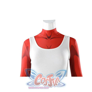 Malevola cosplay upper body showing white tank over red suit with white turtleneck detail