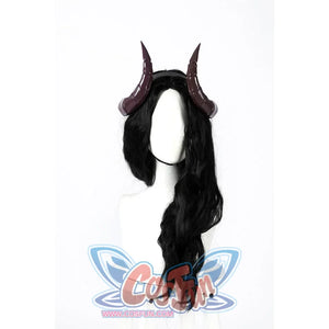 Malevola cosplay long black wavy wig with attached devil horns accessory front view