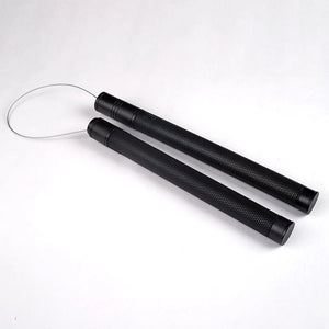 Matt cosplay nunchuck prop with black textured handles and wire connector on white background