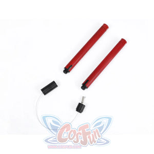 Matt cosplay nunchuck parts separated, showing red sticks, black caps, and wire connector.