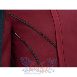 Max Eisenhardt cosplay closeup of decorative beaded trim seam lines on red fabric bodysuit
