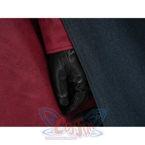Max Eisenhardt cosplay closeup showing black leather glove against red bodysuit and dark cape fabric
