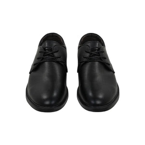 Black faux leather dress shoes for Max Eisenhardt cosplay, shown from front with both toes facing forward