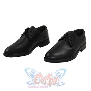 A pair of black lace-up dress shoes for Max Eisenhardt cosplay, displayed side by side at an angle