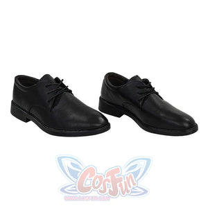Black faux leather lace-up dress shoes for Max Eisenhardt cosplay, photographed from above showing the shoe tops
