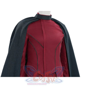 Max Eisenhardt cosplay chest area closeup showing red bodysuit with diamond seam details and cape