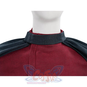 Max Eisenhardt cosplay closeup of dark collar where cape meets red bodysuit, showing fabric texture