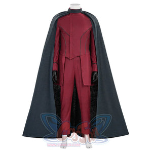 Max Eisenhardt cosplay complete costume set, front view showing red bodysuit with dark cape