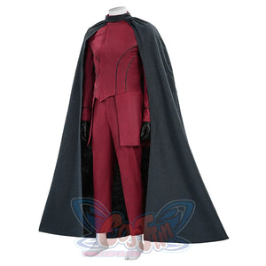 Max Eisenhardt cosplay female costume, three-quarter front view with red bodysuit and dark cape