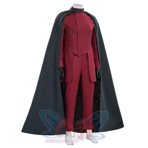 Max Eisenhardt cosplay female suit with dark cape, angled view showing fitted red bodysuit detail