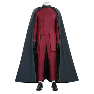 Max Eisenhardt cosplay costume full set, front view with red bodysuit and dark flowing cape