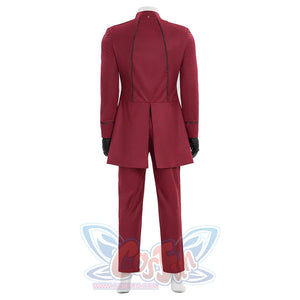 Max Eisenhardt cosplay red bodysuit back view showing detailed seam lines and jacket cut