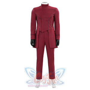 Max Eisenhardt cosplay red bodysuit without cape, front view showing detailed seams and black gloves