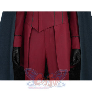 Max Eisenhardt cosplay torso closeup showing red bodysuit waist panel, decorative seams and gloves