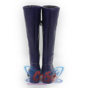 Back display of Mira cosplay boots, emphasizing the purple finish, zippers, and structured design.