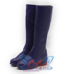 Angled perspective of purple Mira cosplay boots, highlighting the chunky heels and sleek, tall silhouette.
